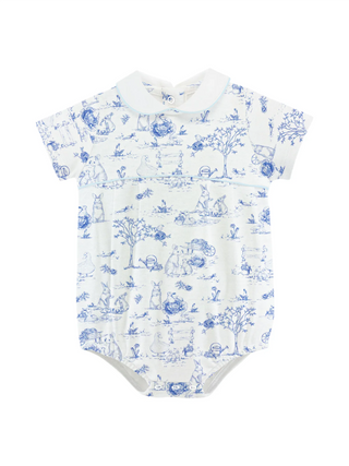 Blue Toile Bunnies Bubble W/ Round collar