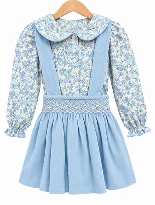 Delaney blue floral top and smocked pinafore dress two-piece set