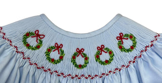 Girls Emma Blue Smocked Christmas Wreath Bishop Dress