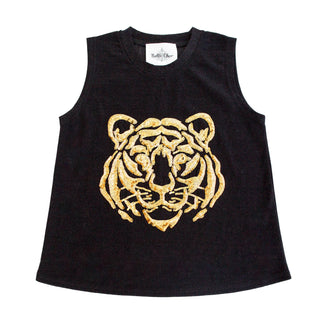 Belle Cher Tiger Face Black Glitter Tank Top