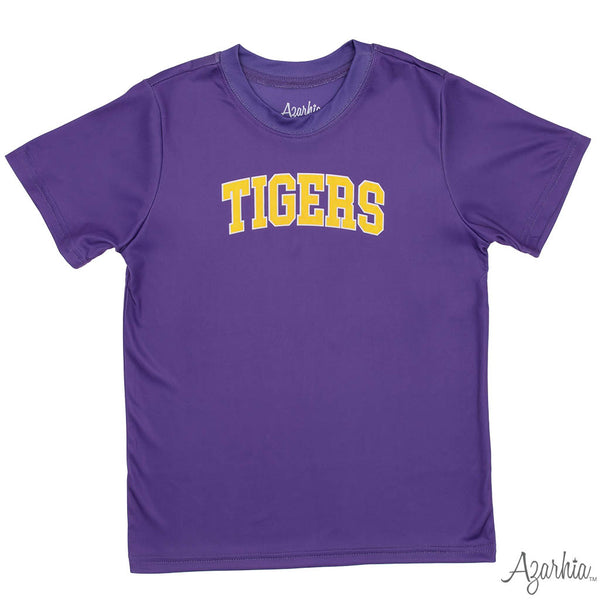 Azarhia Gameday TIGERS Arch in Gold on Purple Dri-Fit Athletic T-Shirt