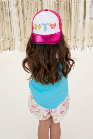Azarhia Neon Bows Printed Trucker Hat on Youth Metallic Lavender