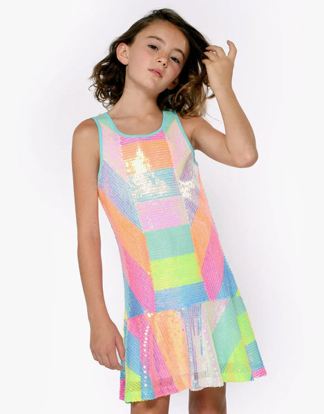 Hannah Banana Colorblock Neon Sequined Stripe Dress Olly-Olly Hannah Banana Colorblock Neon Sequined Stripe Dress Olly-Olly