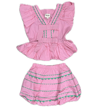 Pink/Green Poplin Ric-Rac Trim 2Pc Top & Bubble Hem Skort Set