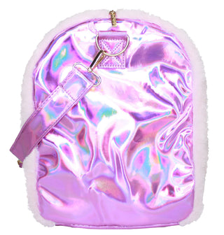 Pink Faux Fur Weekender Duffle with Iridescent Purple Trim