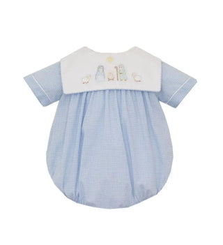 Anavini Nativity light blue gingham boys bubble with square collar
