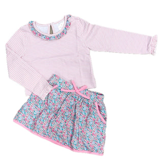 Pink Striped Knit Top & Floral Skort 2Pc Set