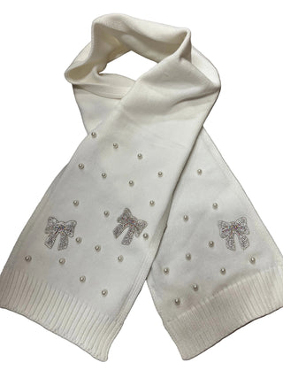 Bari Lynn Pearl and Crystal Bow Scarf- Ivory