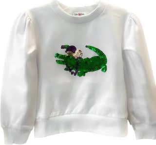 Lulu Bebe White Sequin Mardi Gras Gator L/S Shirt