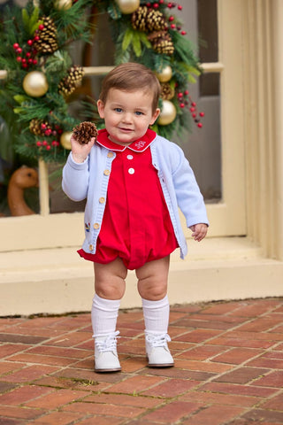 Little English red Davant Bubble with holiday train crochet cardigan