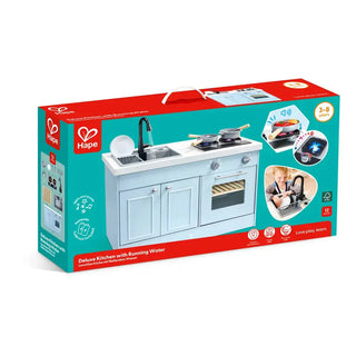 Hape blue and white wooden kids kitchen with pots and pans