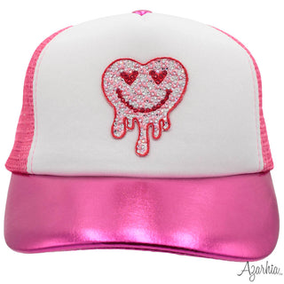 Azarhia Valentine Hot Pink Metallic Drip Heart Rhinestone Trucker Hat