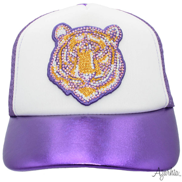 Azarhia Tiger Face Rhinestone Lavender Metallic Trucker Hat