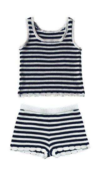 Navy Striped Ribbed Knit Tank Top & Shorts 2pc Set