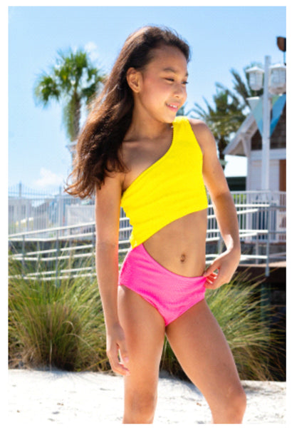 Limeapple Crinkle Asymmetrical 1Pc Swimsuit - Neon Pink/Yellow