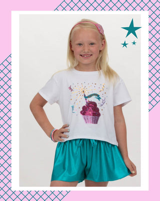Azarhia Cupcake Birthday Sequin on White Boxy Gold Shimmer Trim Tee