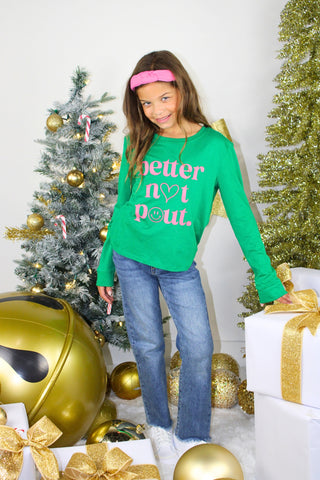 Green/Pink Better Not Pout Embroidered Holiday Tee