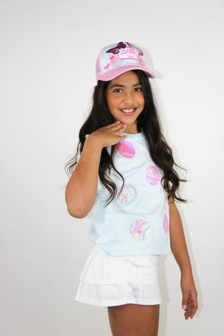 Paper Flower S/S Baseball Balls Appliqued Tee