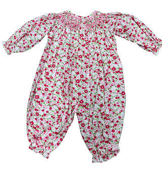 Delaney pink floral smocked baby romper with long puff sleeves