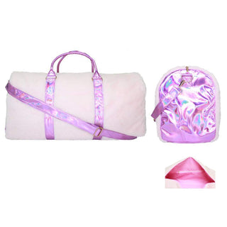 Pink Faux Fur Weekender Duffle with Iridescent Purple Trim