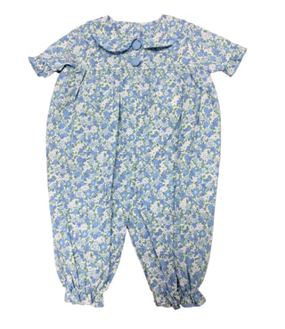 Delaney blue floral baby romper with Peter Pan collar and short puff sleeves