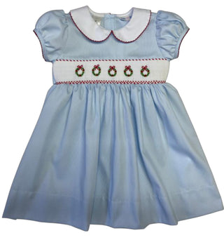 Girls Rose Blue Smocked Waist Wreath Dress