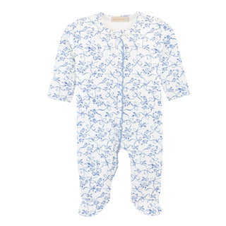 Blue Romantic Toile Printed Pima Zipped Footie w/ Ruffles