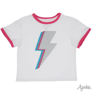 Azarhia Sequin Lightning Bolt on White Ringer Boxy Tee