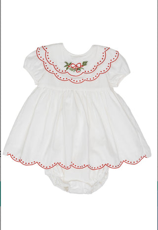 The Oaks White Holly Wreath Carol Dress with Scalloped Collar & Bloomers