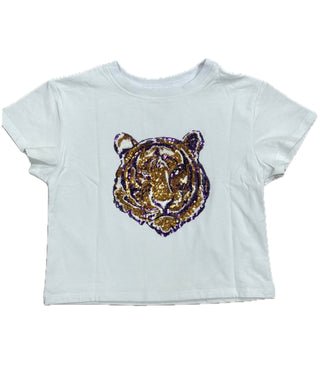 Azarhia Sequin Tiger Face on White Boxy Tee