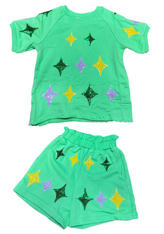 Green Mardi Gras Sequin Stars 2Pc Short Set