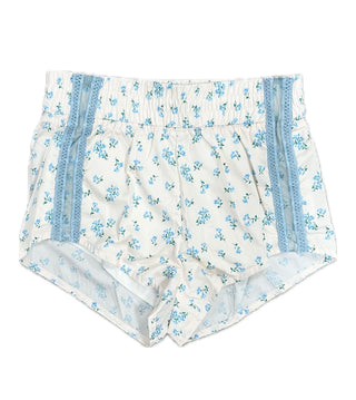 Blue Floral Prints Lace Mesh Detail Shorty Shorts W/ Panty Lining