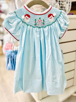 Girl's Blue Hand Smocked Santa Claus Bishop Dress