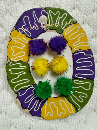 Jane Marie Mardi Gras Pom Pom Earrings- 3 Pc