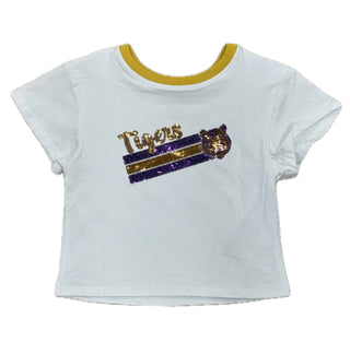 Azarhia Sequin Tiger Face Stripes White Boxy Tee