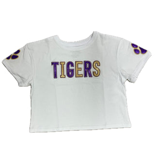 Azarhia Shimmer Applique Gameday Boxy Tee Tigers Purple/Gold