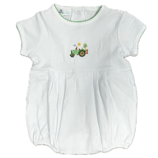 Magnolia Baby Tractor Time White Knit Green Embroidered Bubble