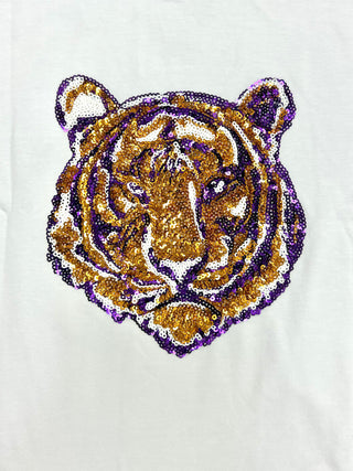 Azarhia Sequin Tiger Face on White Boxy Tee