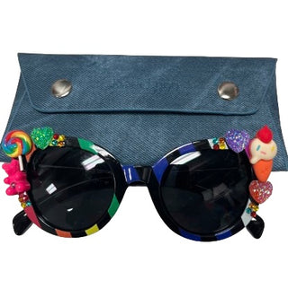 Bari Lynn Black Rainbow Striped Sunglasses with Charms