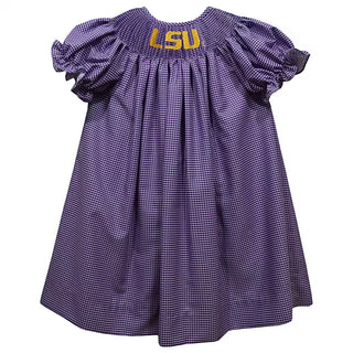 LSU Tigers Smocked Purple Gingham Short Sleeve Dress