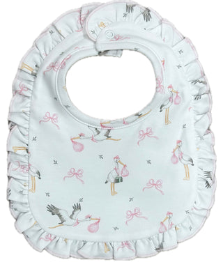 Baby Club Chic Watercolor Printed Bib w Ruffle - Welcome Baby Pink Storks