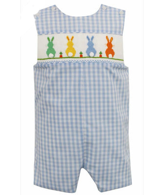 Anavini Boys Blue Gingham Smocked Bunnies Jon Jon