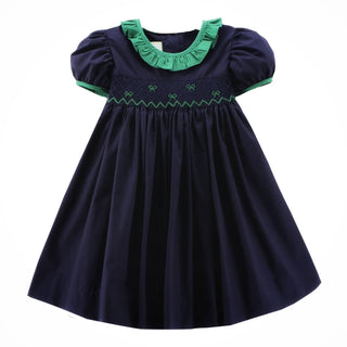 Zuccini Navy Broadcloth Green Bowed Marion Dress