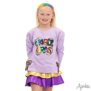 Azarhia Mardi Gras Beads and Bows Lavender Holly Top