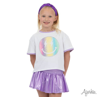 Azarhia Ringer Boxy Tee - Glitter Pastel Rainbow Smiley