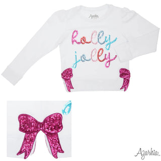 Sequin Holly Jolly Off White Velvet Sweatshirt w/ Hot Pink Bow
