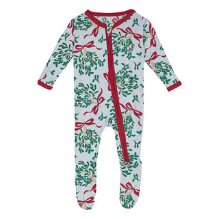 Kickee 2 Way Zipper Footie - Blue Mistletoe and Ribbons
