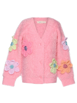 Fuzzy Pink 3D Flower Cardigan