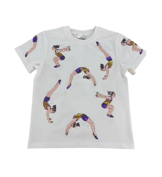 Belle Cher White Purple & Gold Sequin Gymnastics Tee