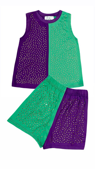 Purple & Green Colorblock Crystal 2Pc Short Set